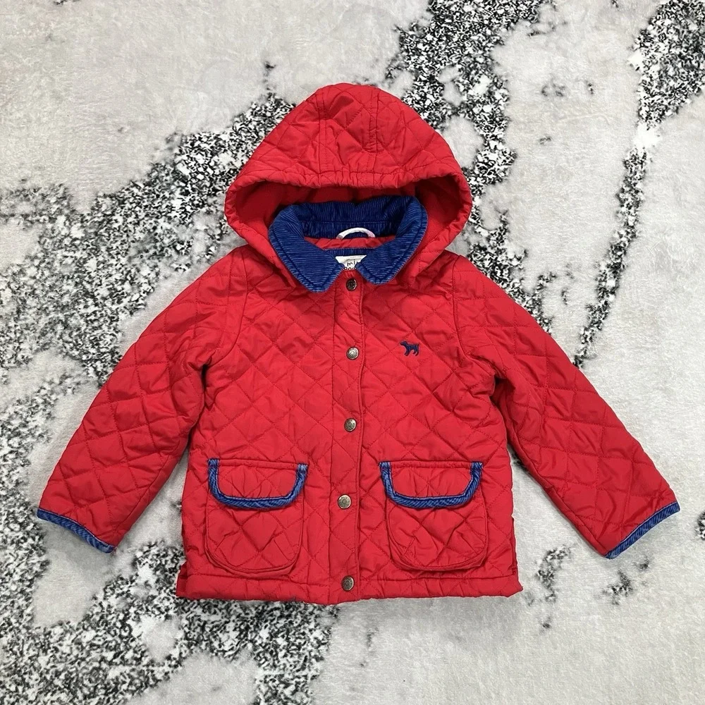 Mini Boden Toddler Red Quilted Hooded Jacket Coat Blue Trim Size 2-3Y